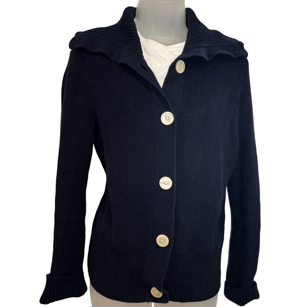 Chaps Navy Button-Up Cardigan with large Collar 100% Cotton